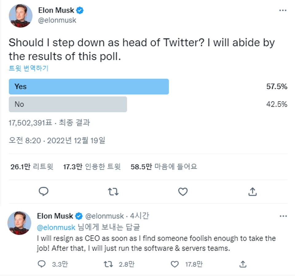 샐러던트리포트 - ﻿일론 머스크, 두 달 만에 트위터 CEO 사의 발표 < IT·과학 < 뉴스 < 기사본문